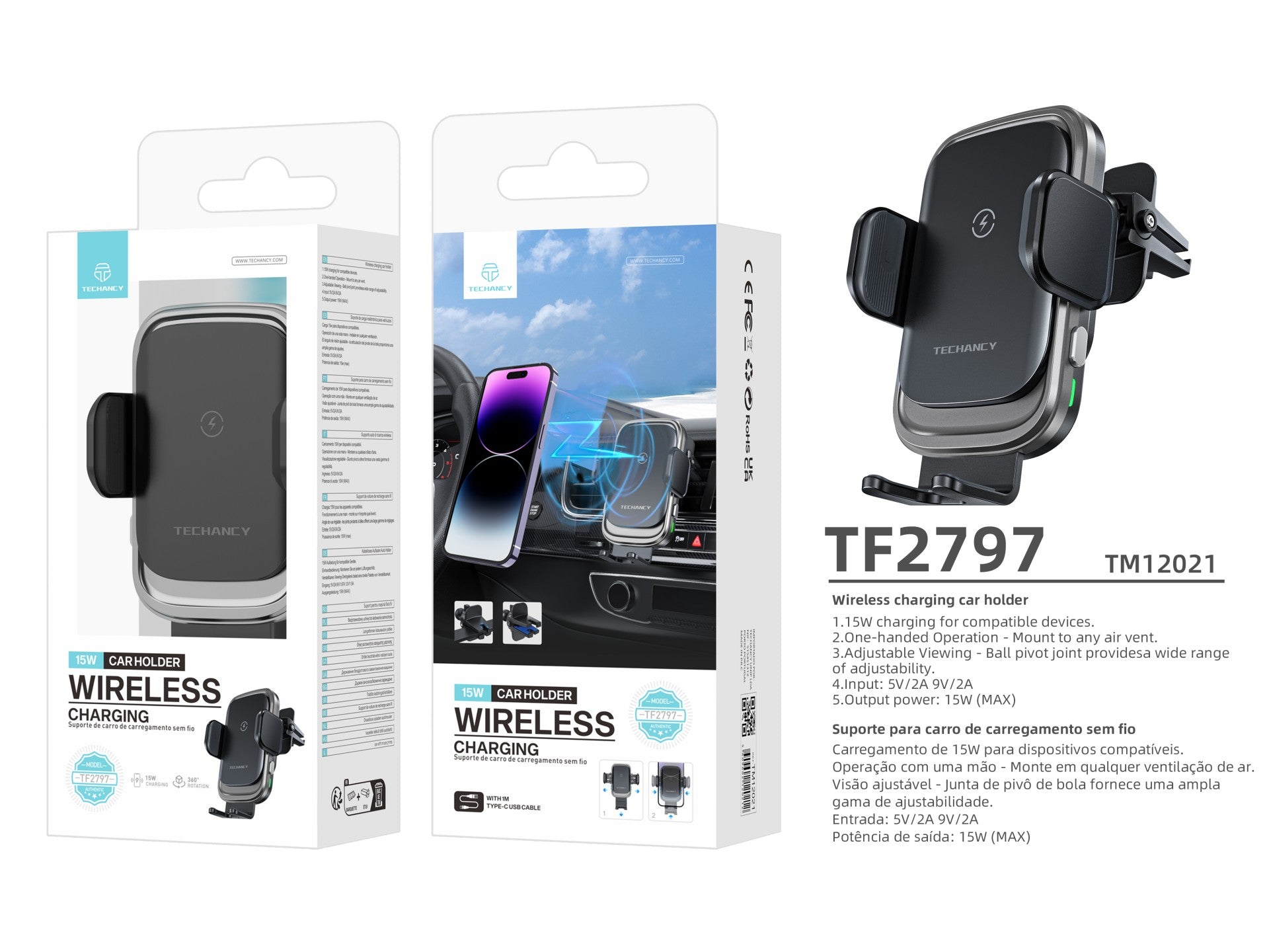 Techancy Suporte Para Carregador Sem Fios Para Automóvel TF2797, Carregamento Sem Fios De 15 W, Abertura E Fecho Automáticos.