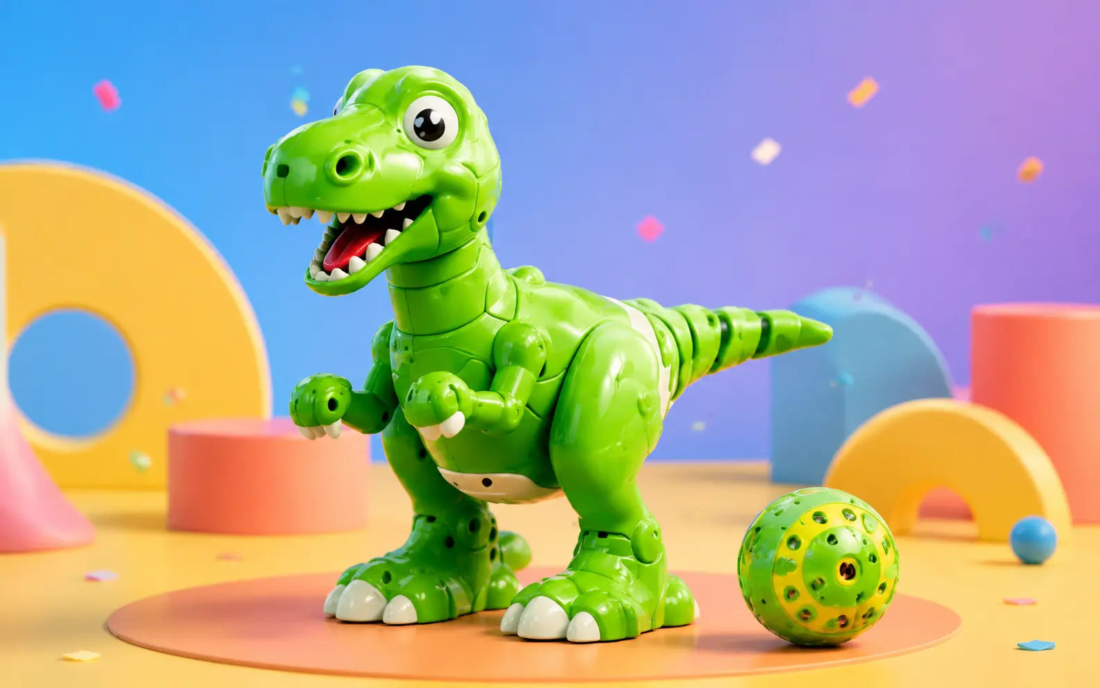Dinosaure RC vert dans un univers de jeu coloré